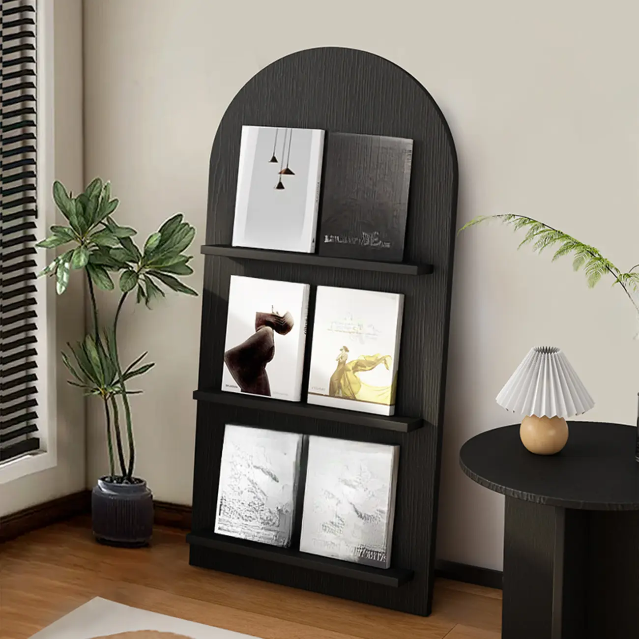 Shallow Simple 3-Shelf Ached Wood Bookcase with Closed Back