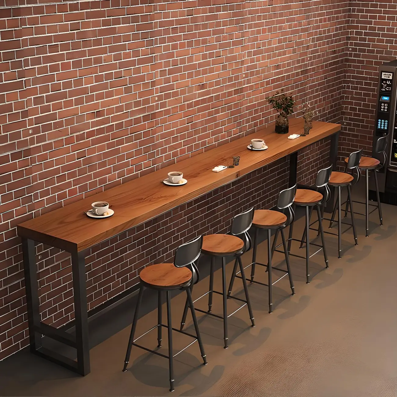 Brown Rectangular Pine Wood Bar Table with Steel Base