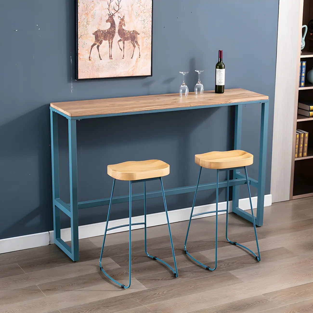 Scandinavian Brown Wood Blue Metal Footrest Bar Tables