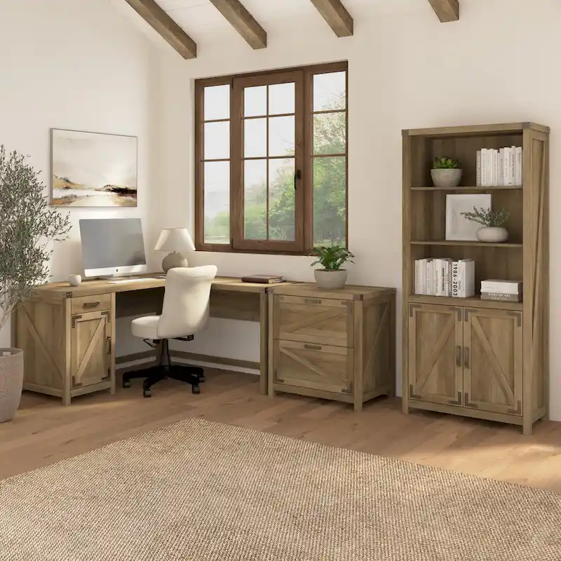 Knoxville 60W L-Desk with File Cabinet and Bookcase by