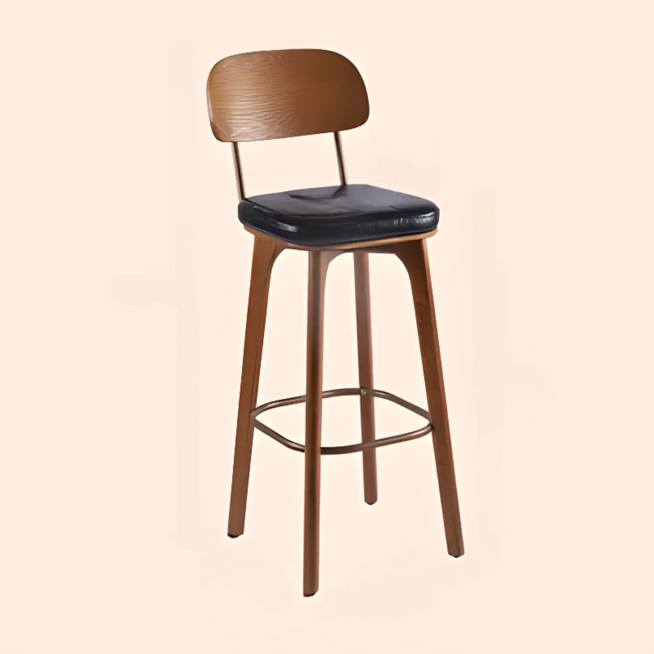 Mid-Century Modern Leather Square Bar Height Stools with Backs