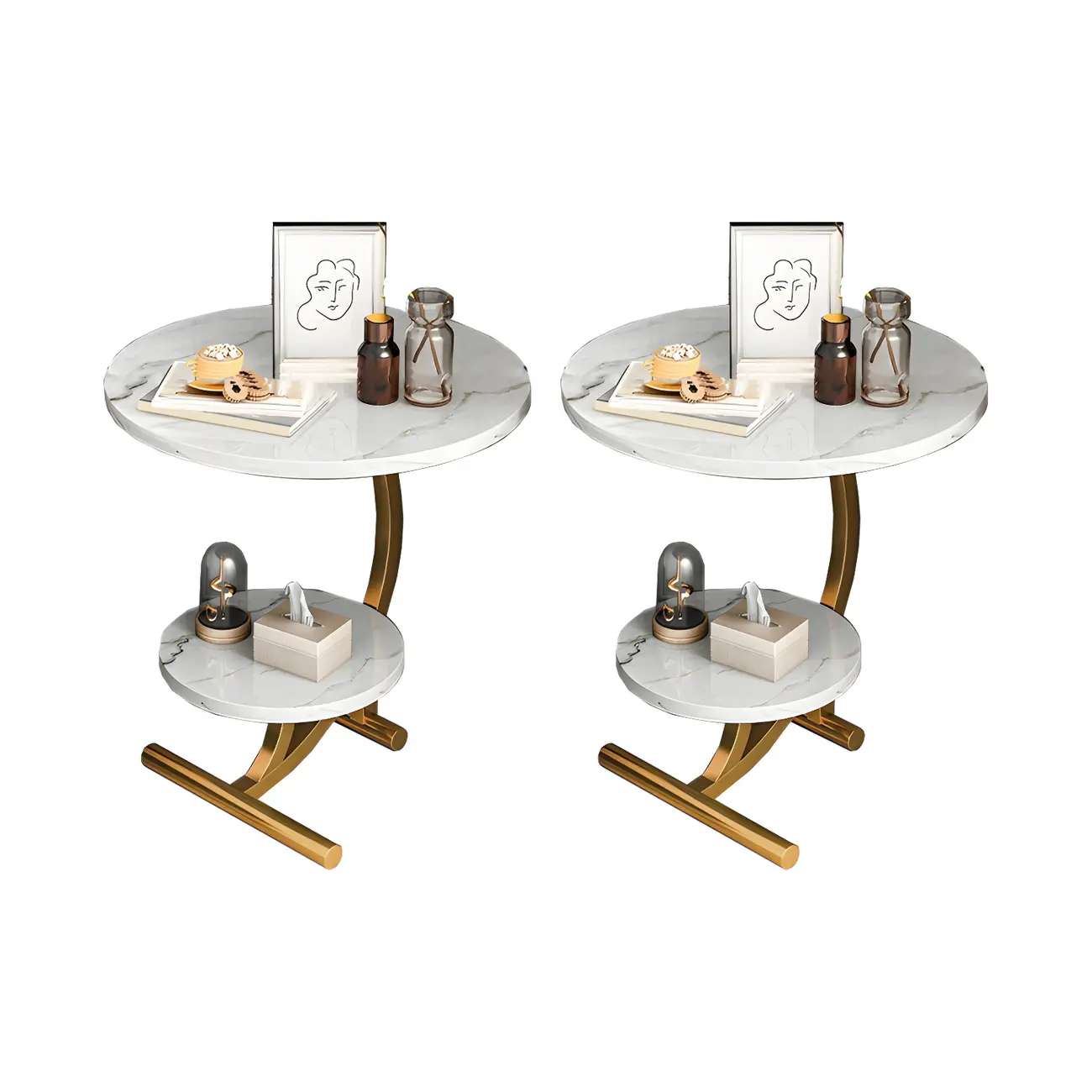 Modern Metal Frame Elegant Round Double Layer Nightstands