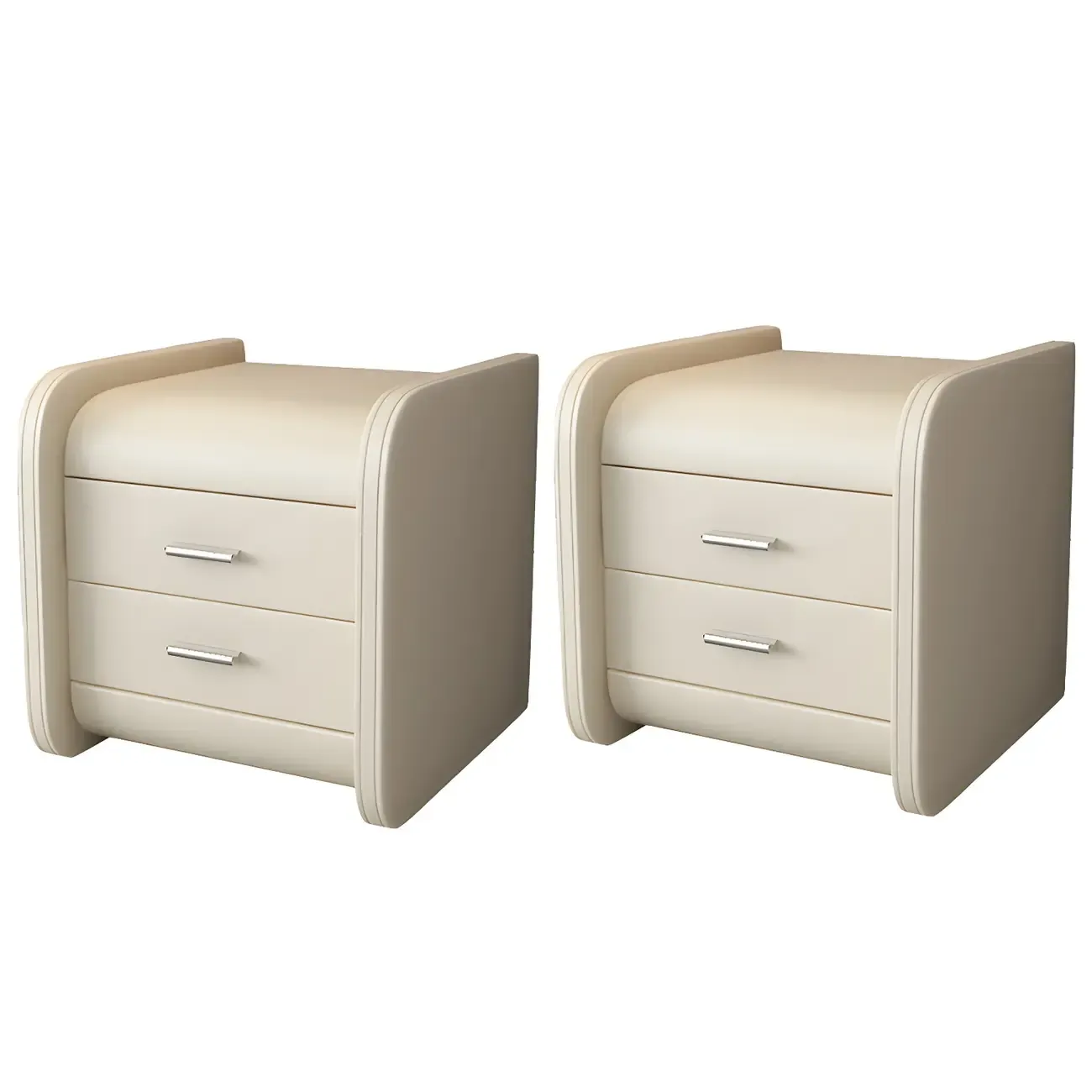 Modern Round Edge Nightstand with 2 Drawers in Beige Leather