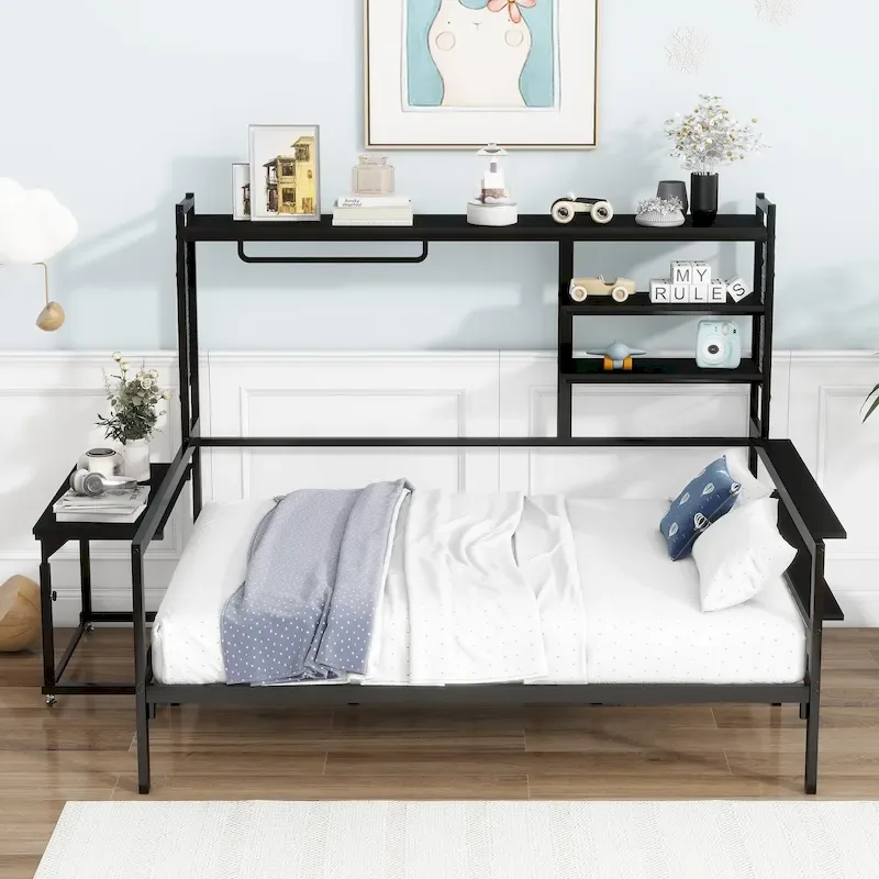 Versatile Daybed with Movable Desk, Metal Sofa Bed Frame with Metal Grid, Shelves and Clothes Hanger, No Box Spring Needed