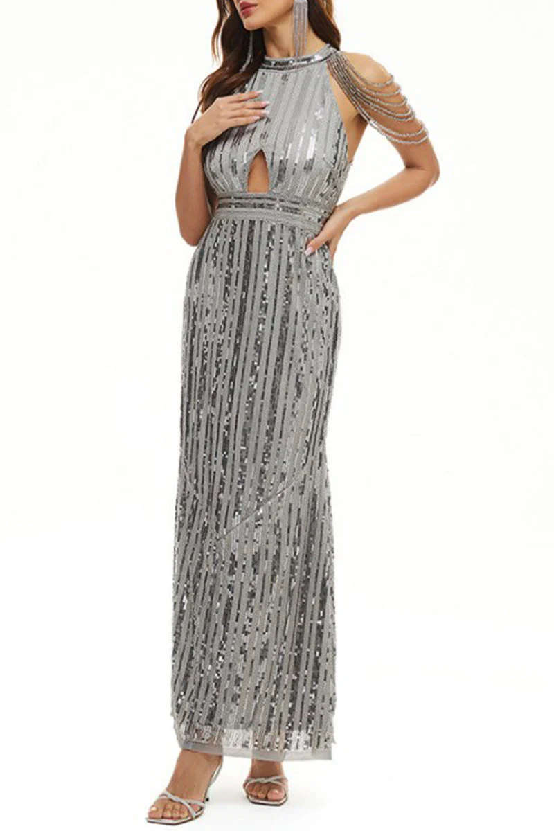 hulianfu Celebrities Elegant Solid Sequins Patchwork O Neck Evening Dress Dresses - Deanwangkt