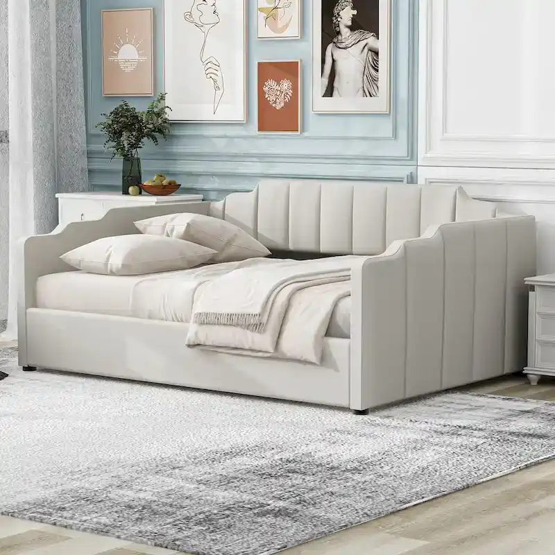 Upholstered Daybed with Underneath Storage,Full Size, Beige