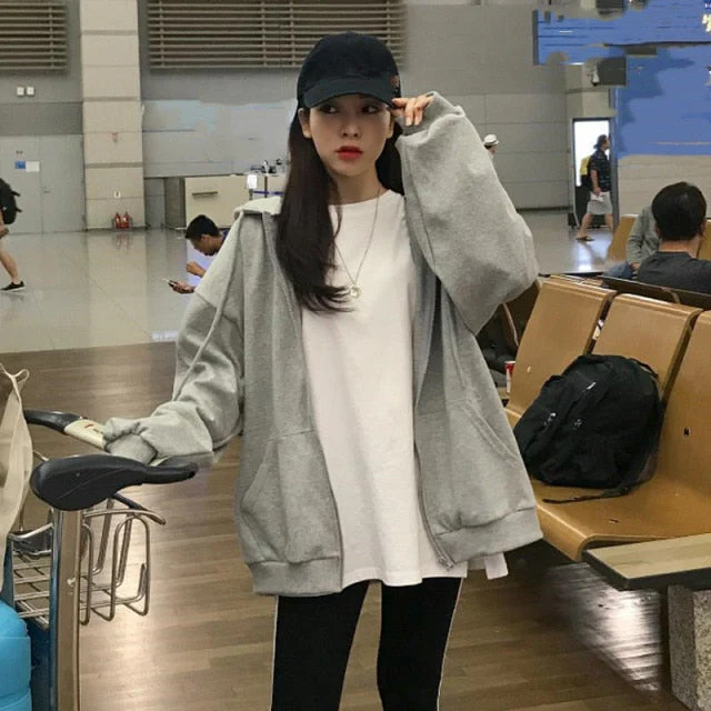 Women Korean Version Loose Hoodies Long Sleeve Zip Up Solid Pocket Oversized Sweatshirts Female Thin Harajuku Hooded Coat Top - Deanwangkt