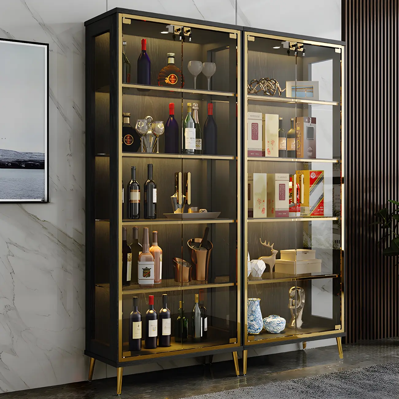 Glam Black Wooden Glass Display Cabinet