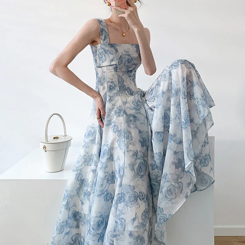 Hulianfu Print Dress for Women 2026  Fashion Fairycore Spaghetti Strap Summer Dress Chic Elegant Square Collar Slim Midi Dress - Deanwangkt