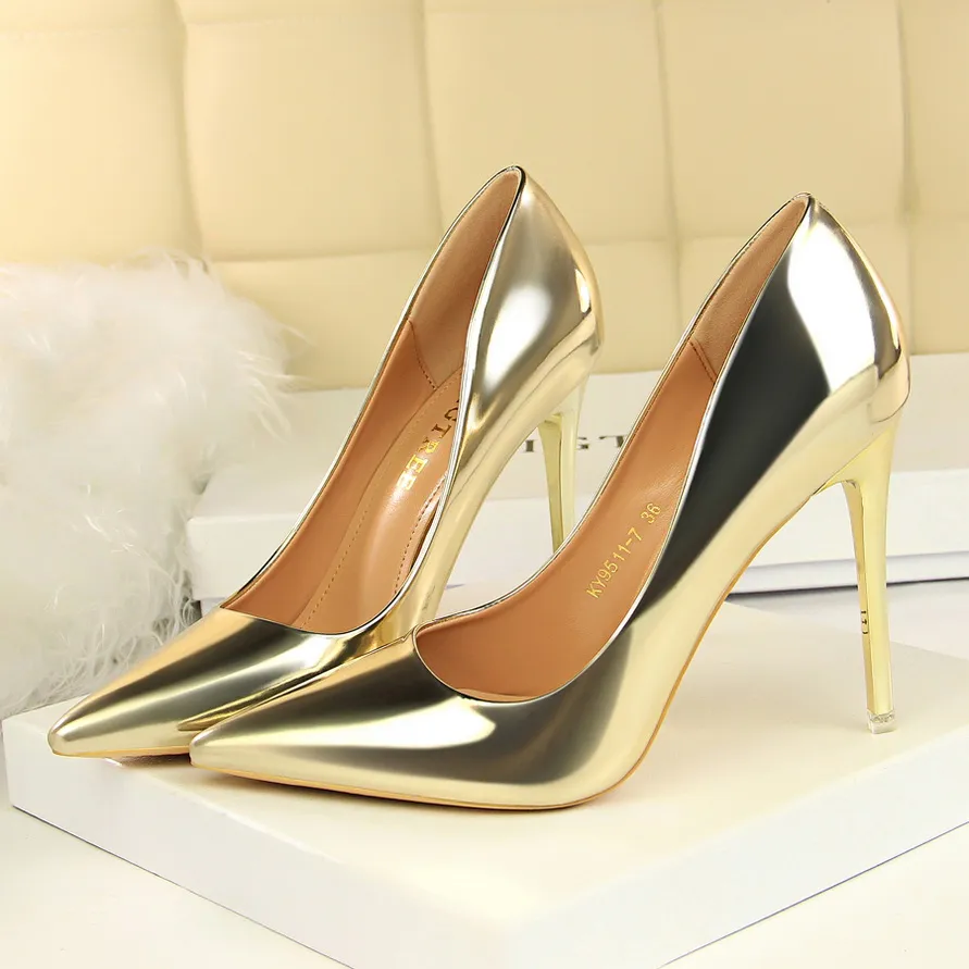 Women Patent Leather Pumps 7.5cm 10.5cm High Heels Lady Stiletto Low Heels Wedding Bridal Mteallic Silver Gold Sparkly Shoes - Deanwangkt