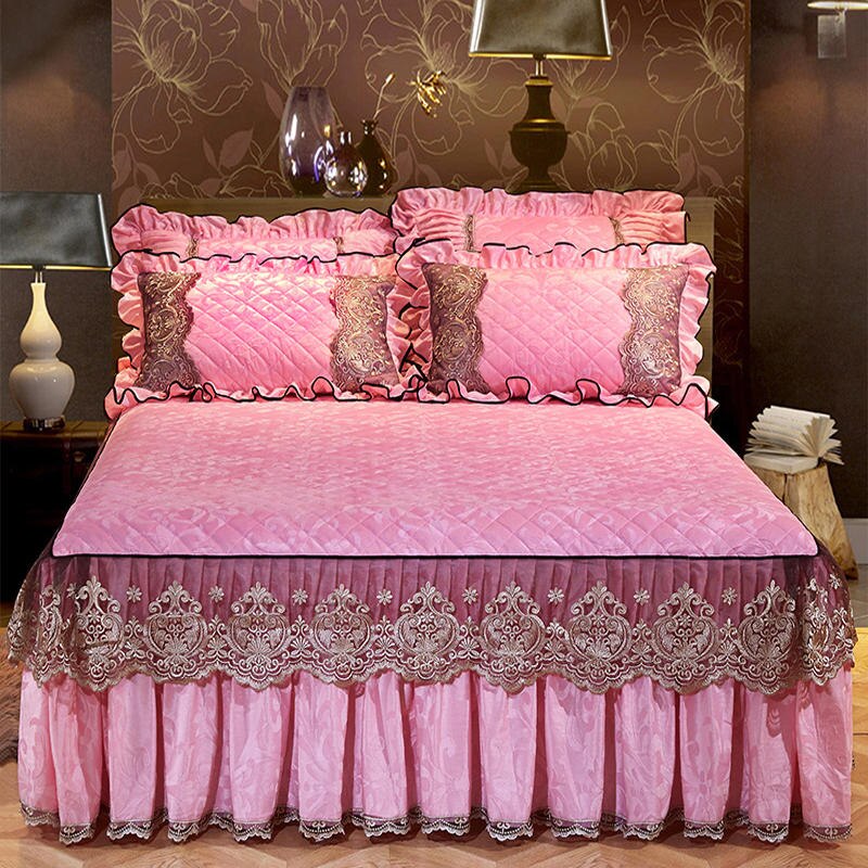 HULIANFU Velvet Warm Quilted Bedding Bed Skirt Pillowcases Home Textile Princess Thick Bedspread Lace Bedsheet Mattress Cover With Cotton - Deanwangkt