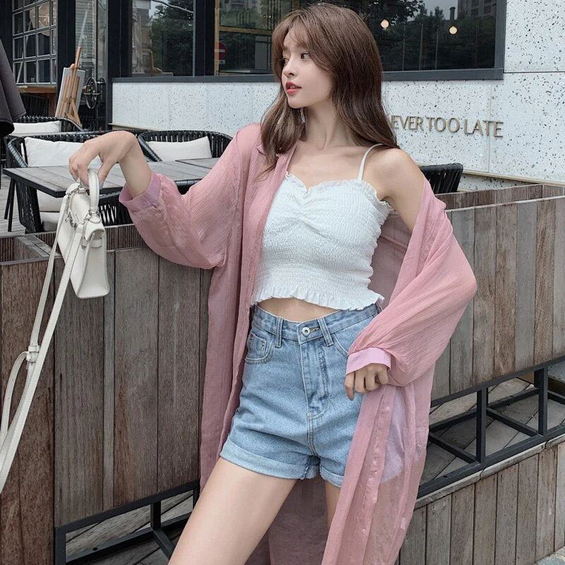 Hulianfu Women Blouse Sun Protection Fashion Long Lantern Sleeve Outerwear Sheer All-match Thin Beach Street Comfort Korean Style Leisure - Deanwangkt