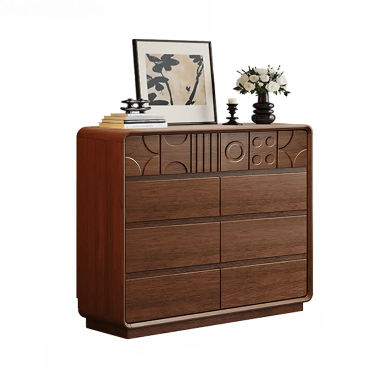 Art Deco Inspired Wood Dresser with Geometric Carvings