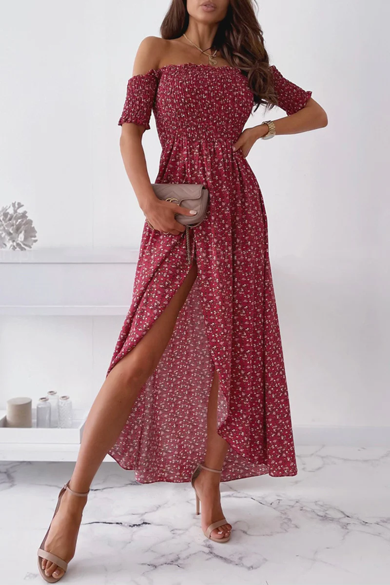 hulianfu Elegant Floral Slit Fold Off the Shoulder Waist Skirt Dresses(5 Colors) - Deanwangkt