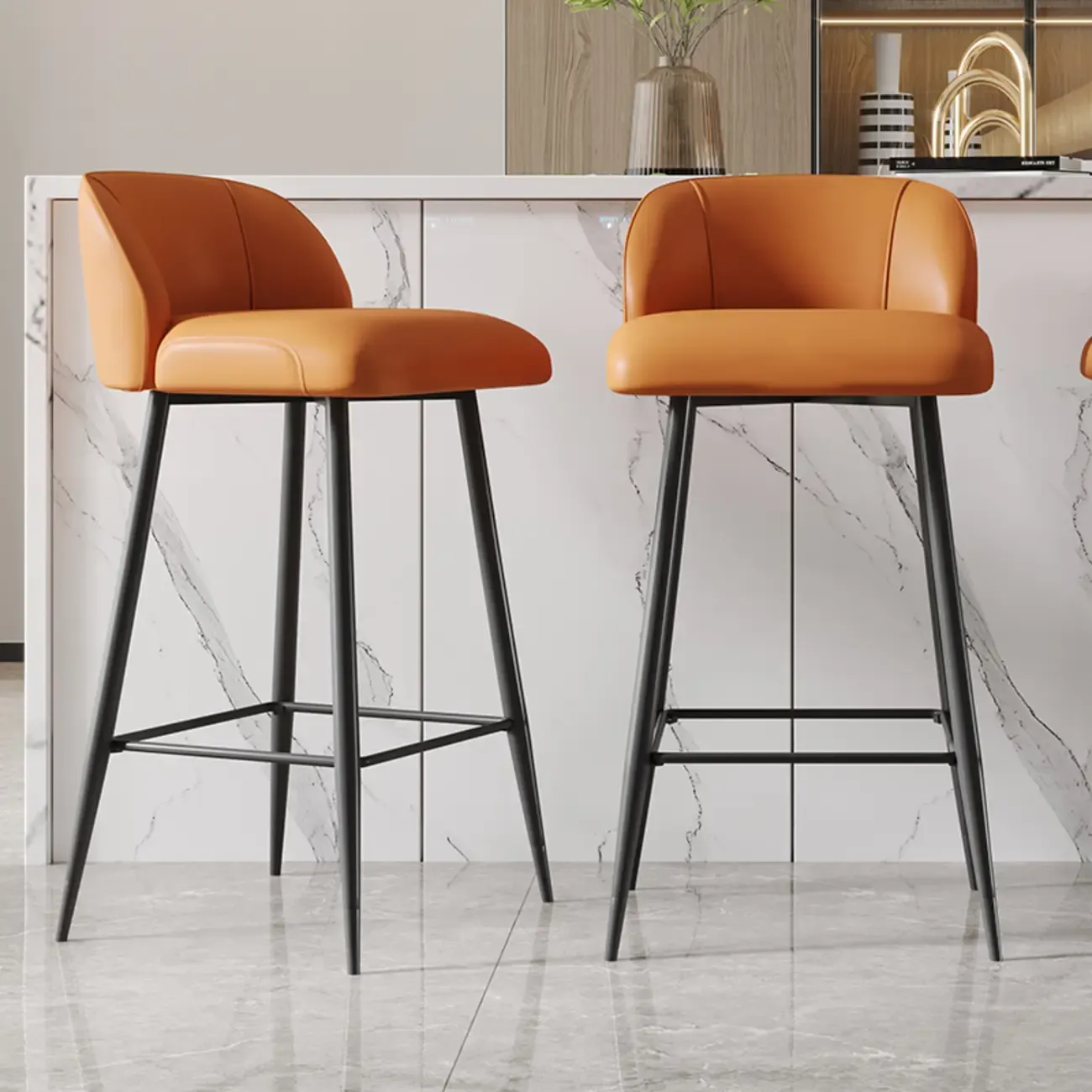 Orange Leather Footrest Low Back Upholstered Bar Stool