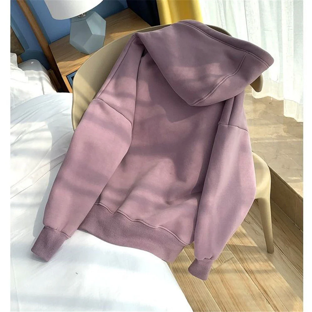 hulianfu Jacket women solid color hoodies autumn winter imitation lamb wool korean loose plus velvet thick zipper sweatshirt tops - Deanwangkt