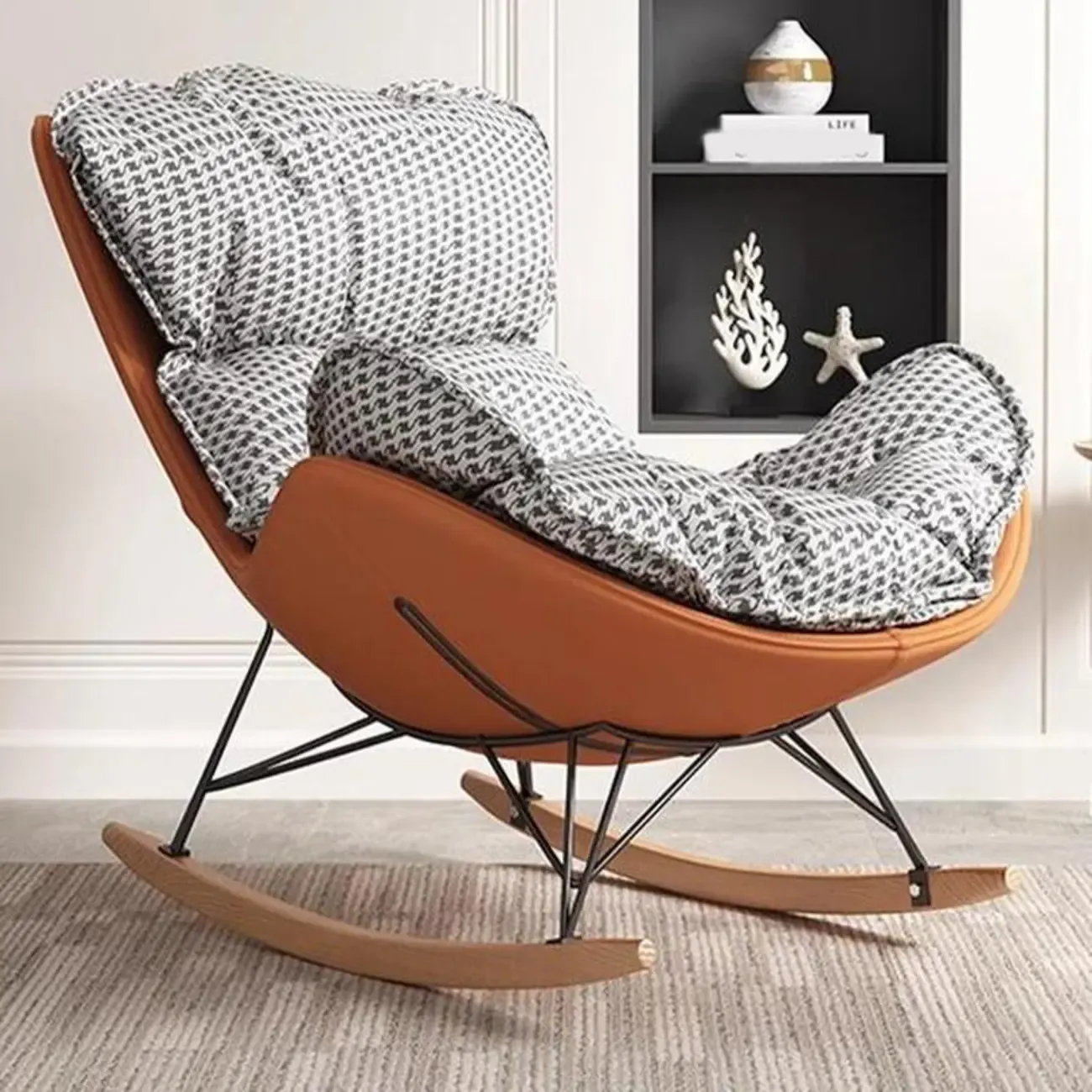 Faux Leather Wingback Rocking Chair with Removable Cushions