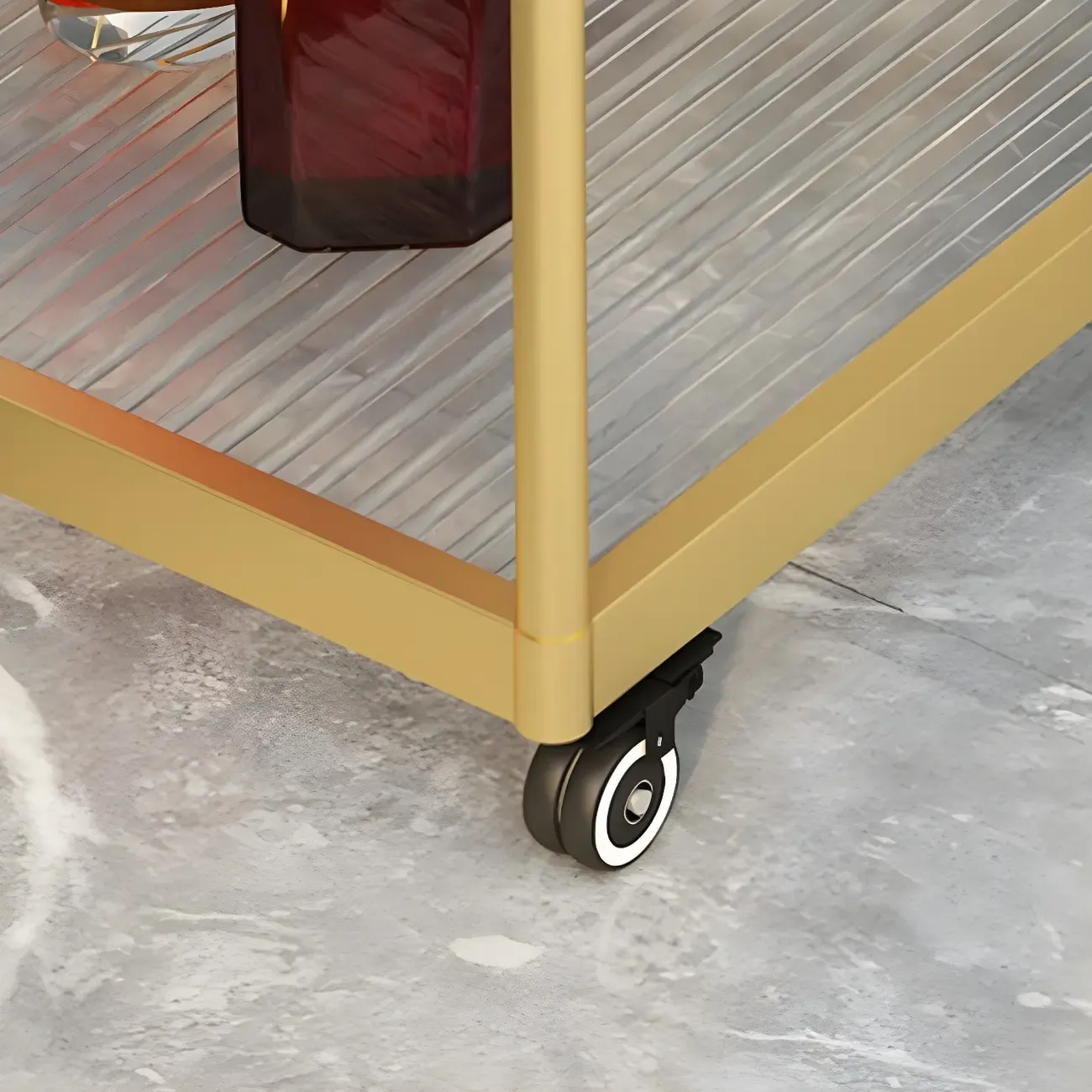 Gold Glass Rectangular Top Shelf Side Table on Wheels