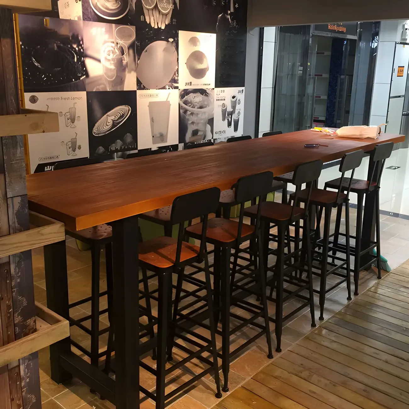 Rectangular Brown Wooden Long Bar Height Table