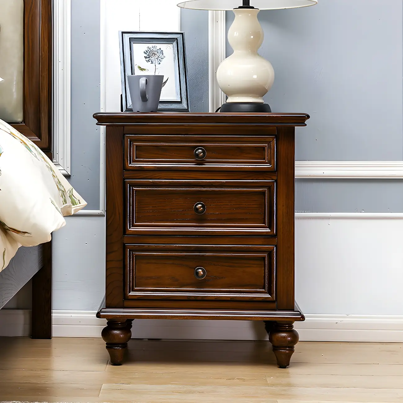 Compact Dark Walnut 3-Drawer Wood Nightstand