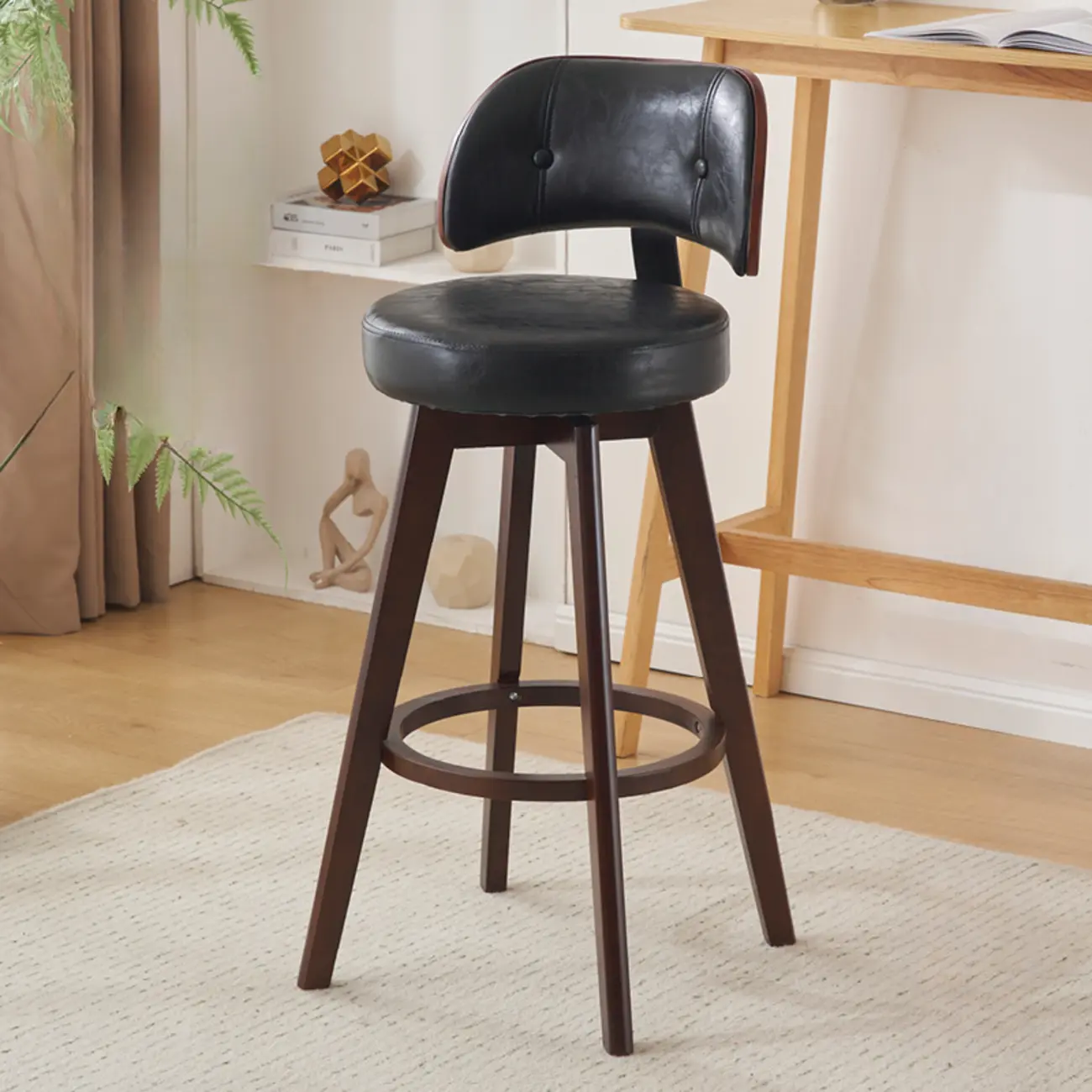 Natural Wood Round Leather Swivel Bar Stools
