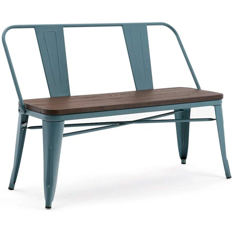 Dining Bench, Entryway Bench with Back, Farmhouse Metal Dining Bench, Industrial Mid-Century 3 Person Bench, Wood Seat