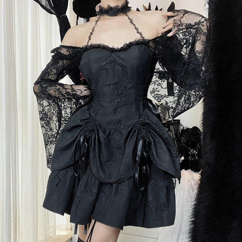 Halter Halloween Cosplay Costumes Gothic Lolita Party Dress White Black Flare Sleeve Fairy Princess Ruffle Cake Kawaii Dresses - Deanwangkt