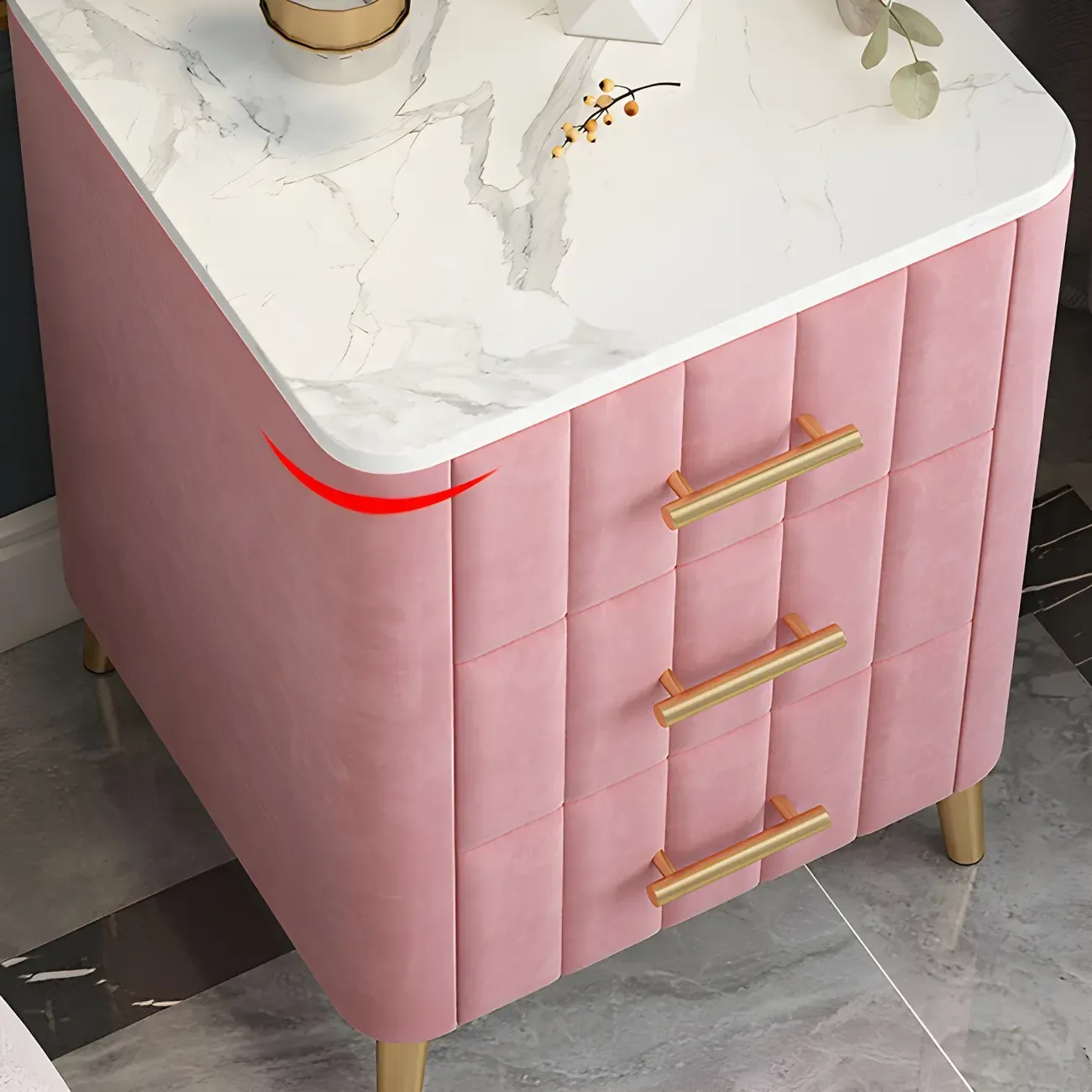 Glam Pink Leather Bedside Table with Marble Top 3 Drawers