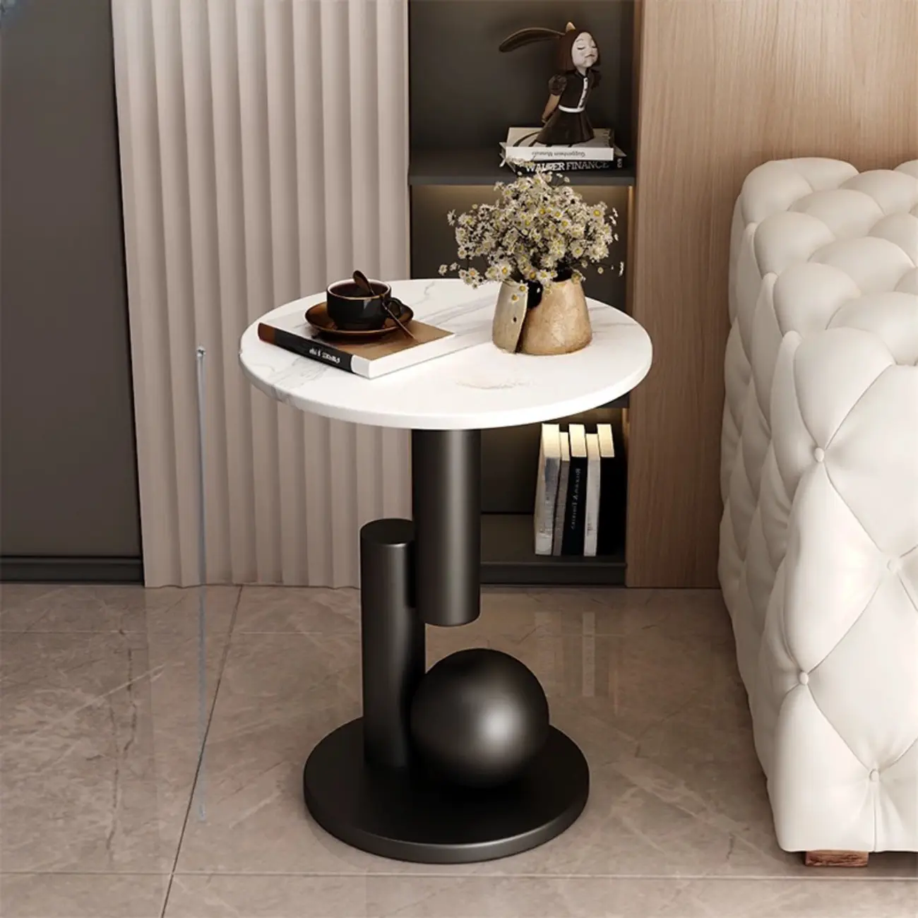 Glam Round Stone Top End Table Abstract Base