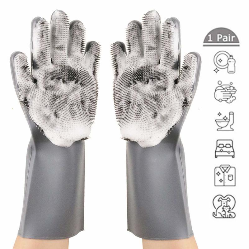 HULIANFU Silicone Dishwashing Cleaning Glove Magic Scrubber Sponge Rubber Glove for Washing Dish Kitchen Car Bathroom Pet Brush Cleaner - Deanwangkt