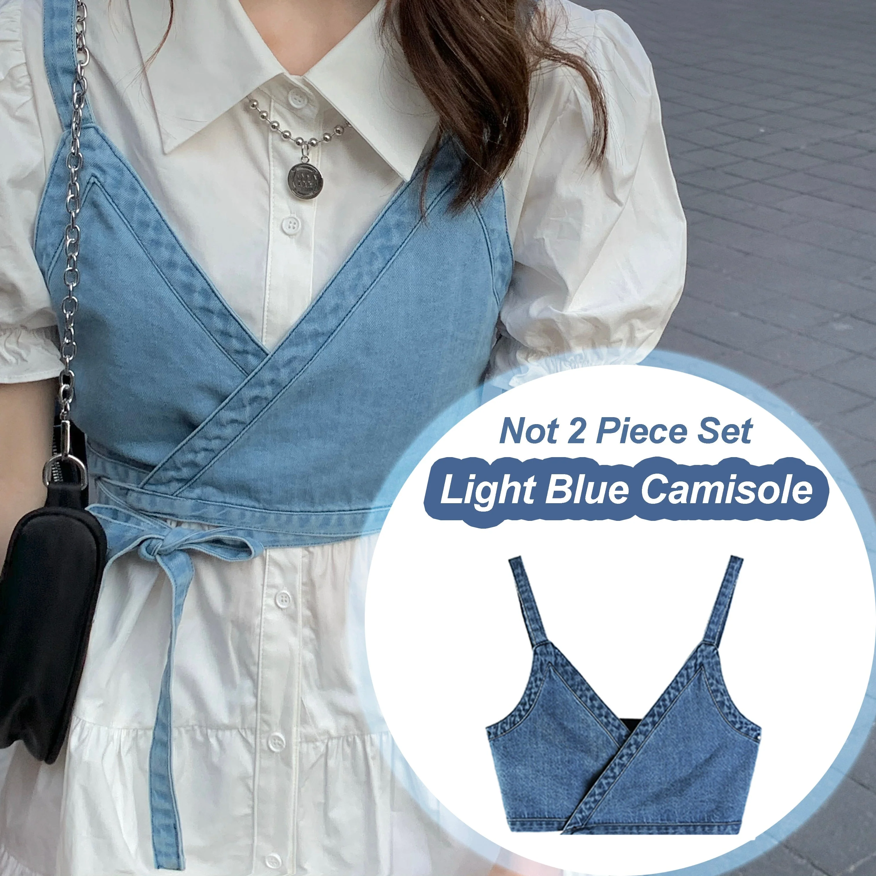 2 Piece Set Women Summer High Waist Dress Denim Camisole + Mini Dress Elegant Puff Sleeve A-line Dress Vintage Slim Dresses - Deanwangkt
