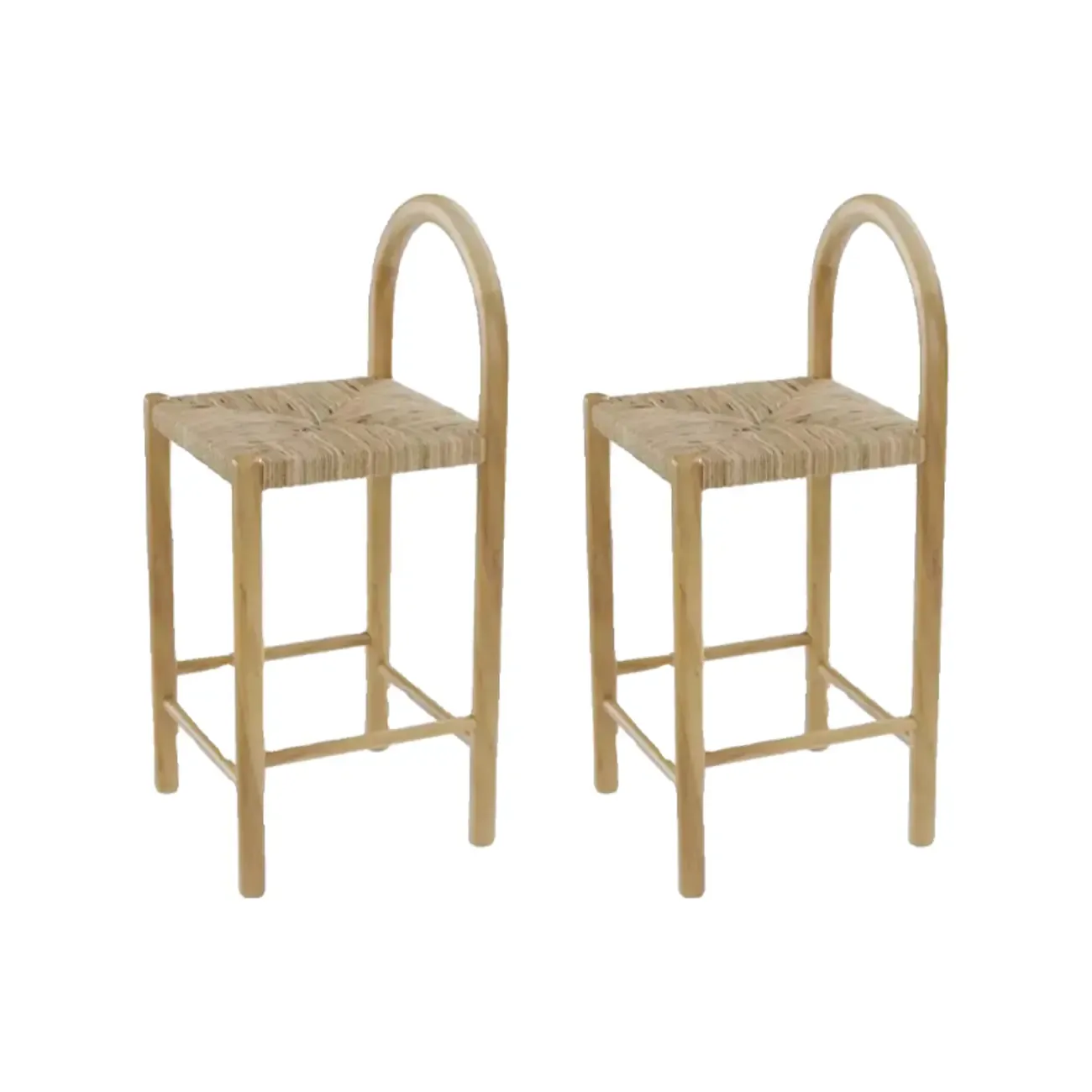 Rustic Wood Natural Rattan Bar Stool with Footrest