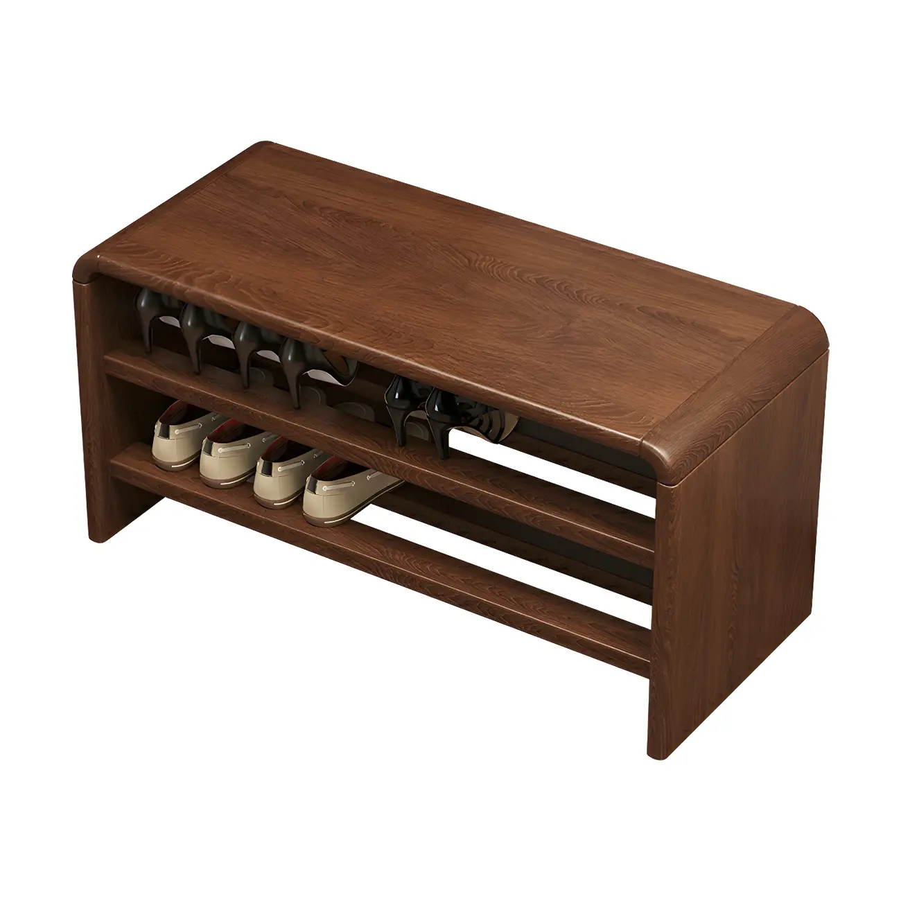 Entryway Brown Solid Wood 3-Tier Shoe Rack Bench