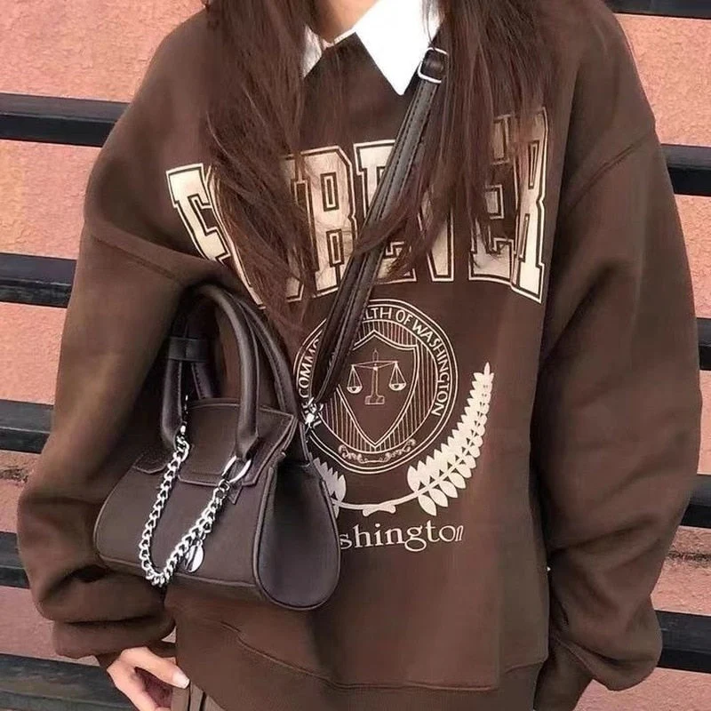 hulianfu Y2K Vintage Brown Sweatshirts Women Streetwear Egirl Aesthetic Letter Oversize Hoodies Harajuku Korean Style Female - Deanwangkt