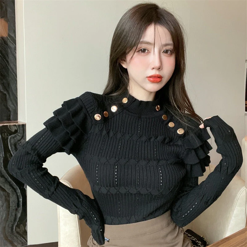 Hulianfu Full Sleeve Turtleneck Buttons Sweater Jumpers Girls Stretchy Chic Ruffles Autumn Spring Sweaters Pullovers Tops Women - Deanwangkt