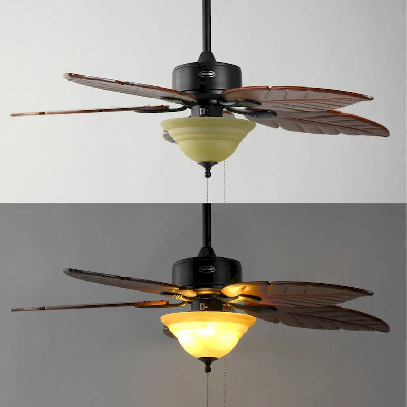 Owen 52  3-Light Coastal Bohemian Iron/Wood Palm Leaf LED Ceiling Fan with Pull Chain, by JONATHAN Y