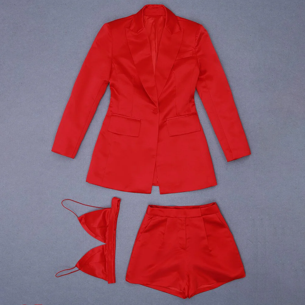 High Quality Red Satin Three Pieces Bandage Suit Sexy Long Sleeves Celebrity Fashion Party Club Blazer Coat Crop Tops Short Set - Deanwangkt