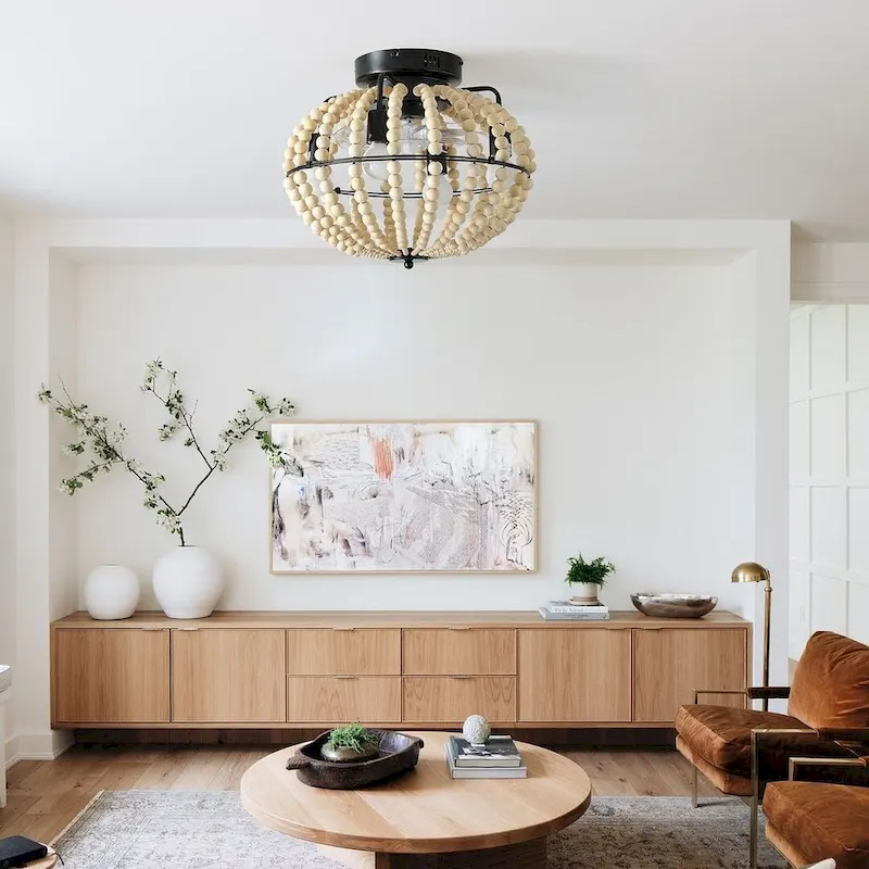 Modern Wooden Beaded Fan Light with Remote, Oak White