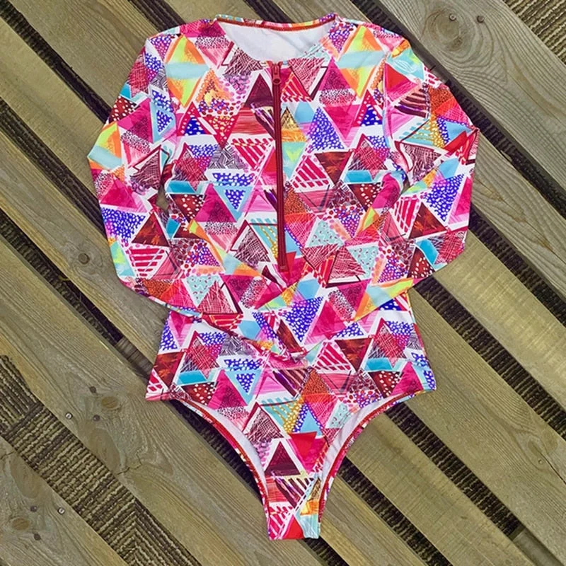 Long Sleeve Print Floral New One Piece Swimsuit Swimwear Women Bathing Suit Backless Swimsuit Vintage Surfing Swim Suit - Deanwangkt
