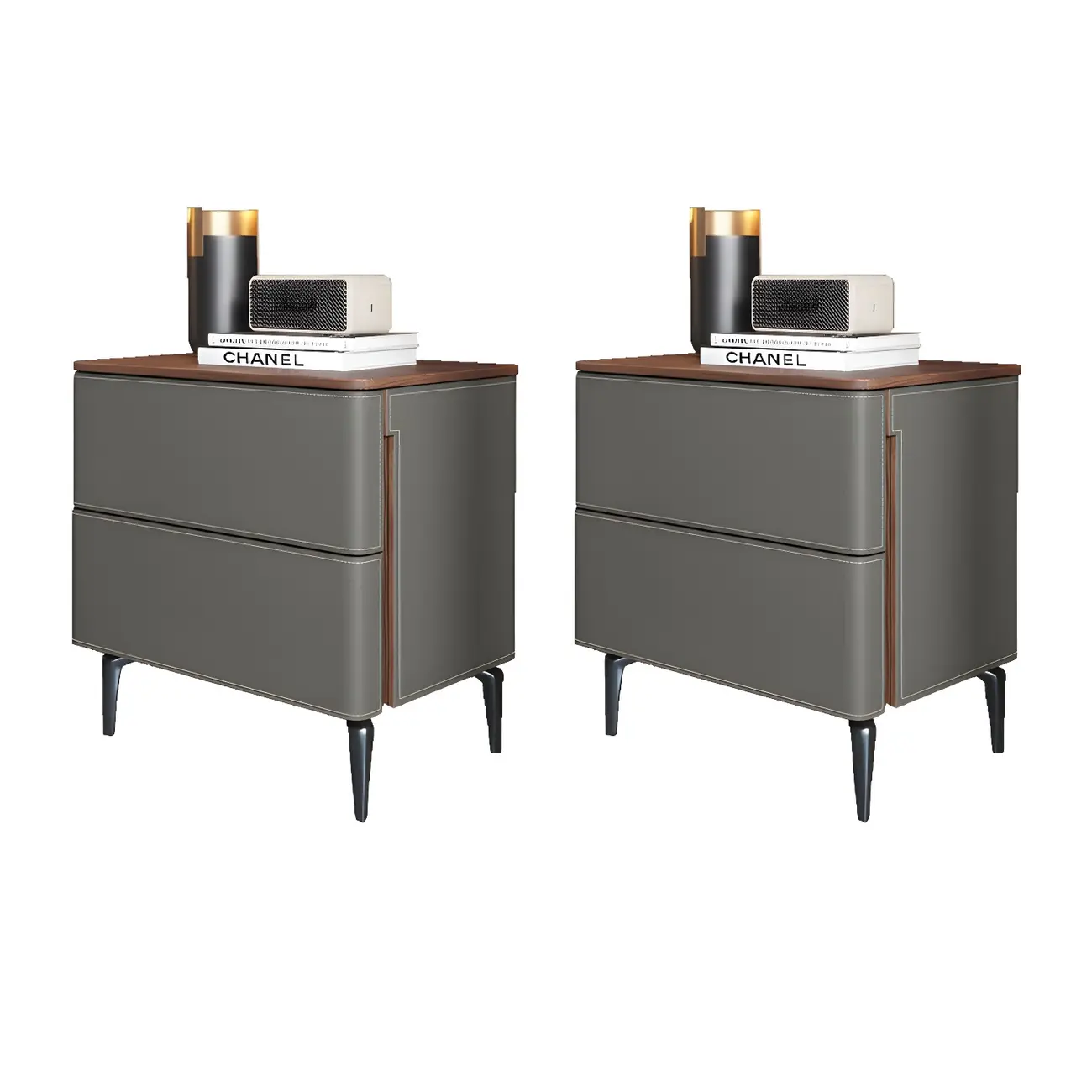 Modern Faux Leather Wood Top Drawers Nightstand