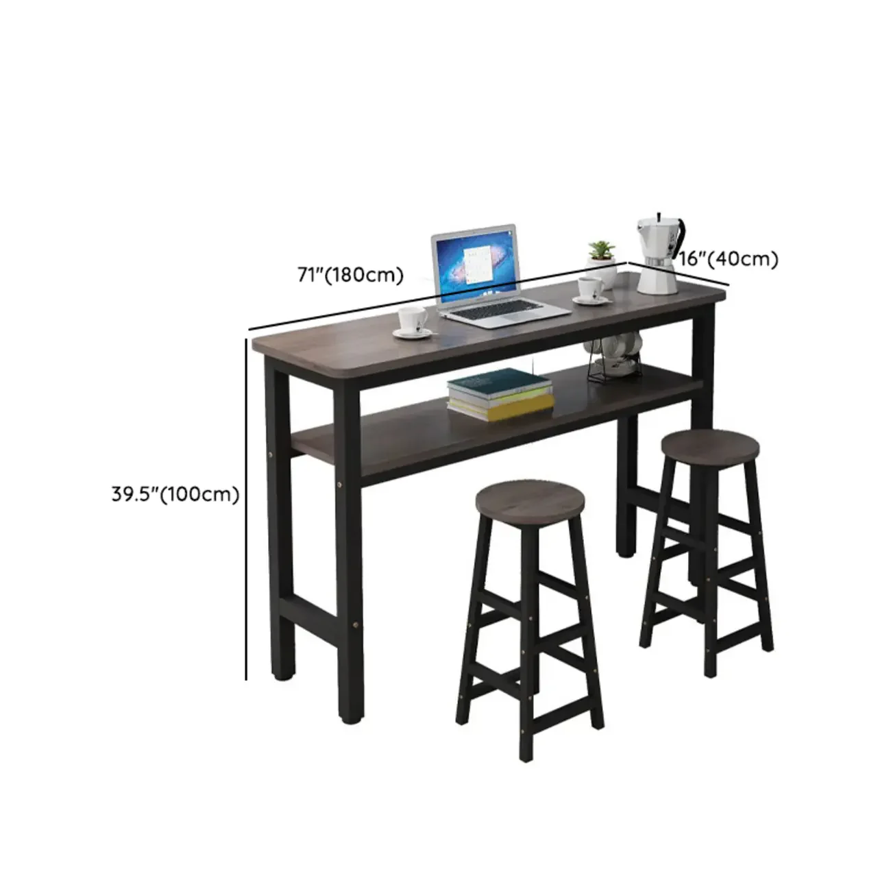 Rectangle Round Edge Wooden Bar Table Metal Base with Shelf