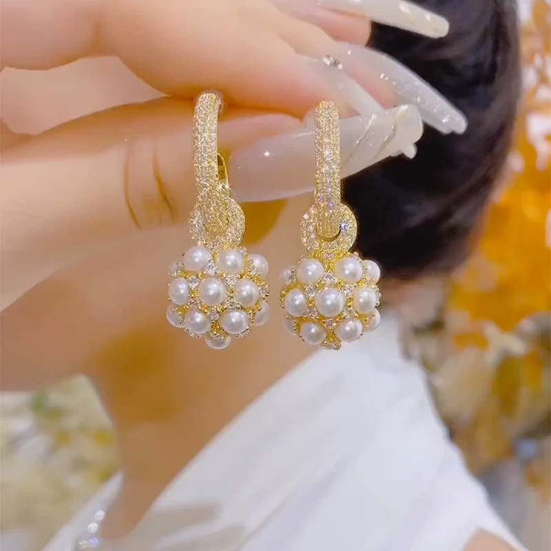 Temperament high sense full of diamonds pearl ball earrings  celebrity light luxury earrings women's diamond silver needle stud earrings new - Deanwangkt