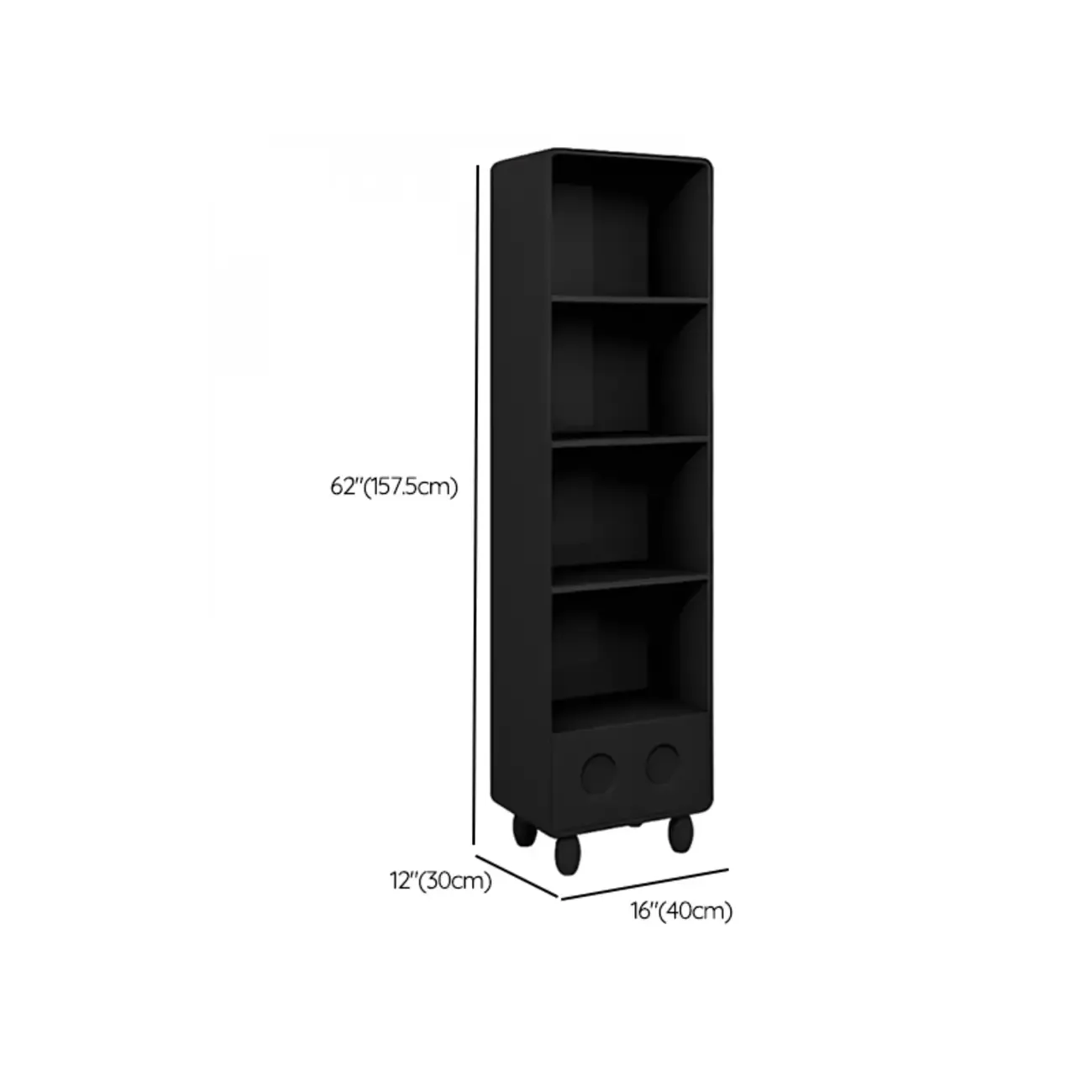 Narrow Black Wood 5-Tier Rolling Bookcase with Drawers