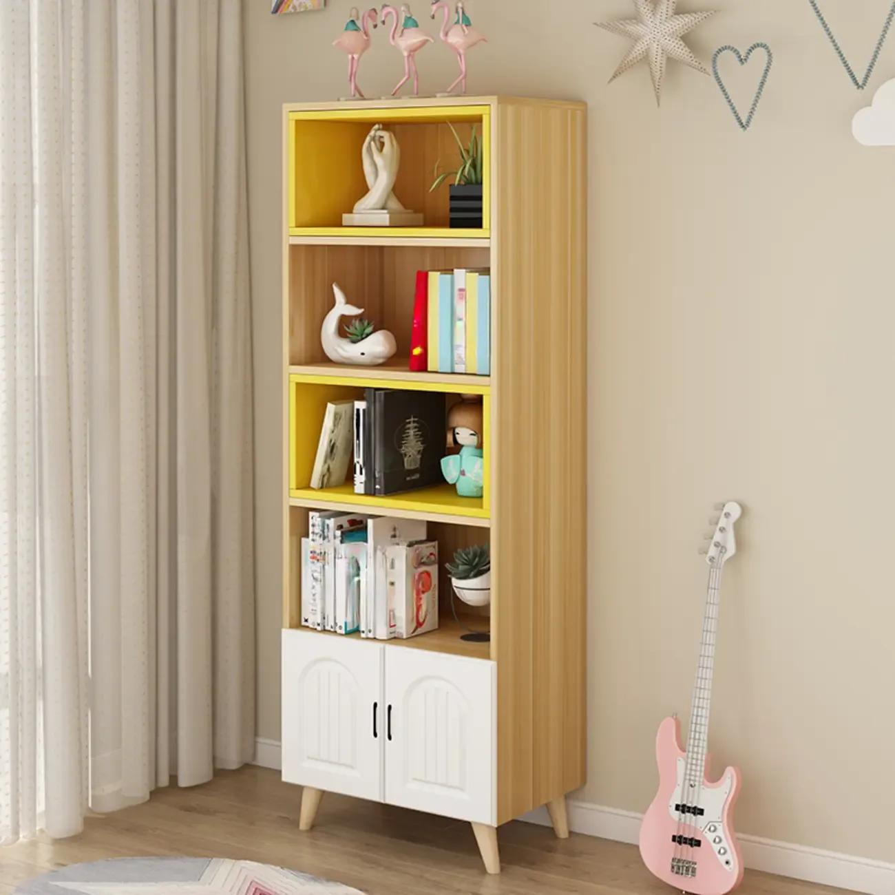 Wood 3-Tier White and Yellow Cube Bookcase with Cabinet