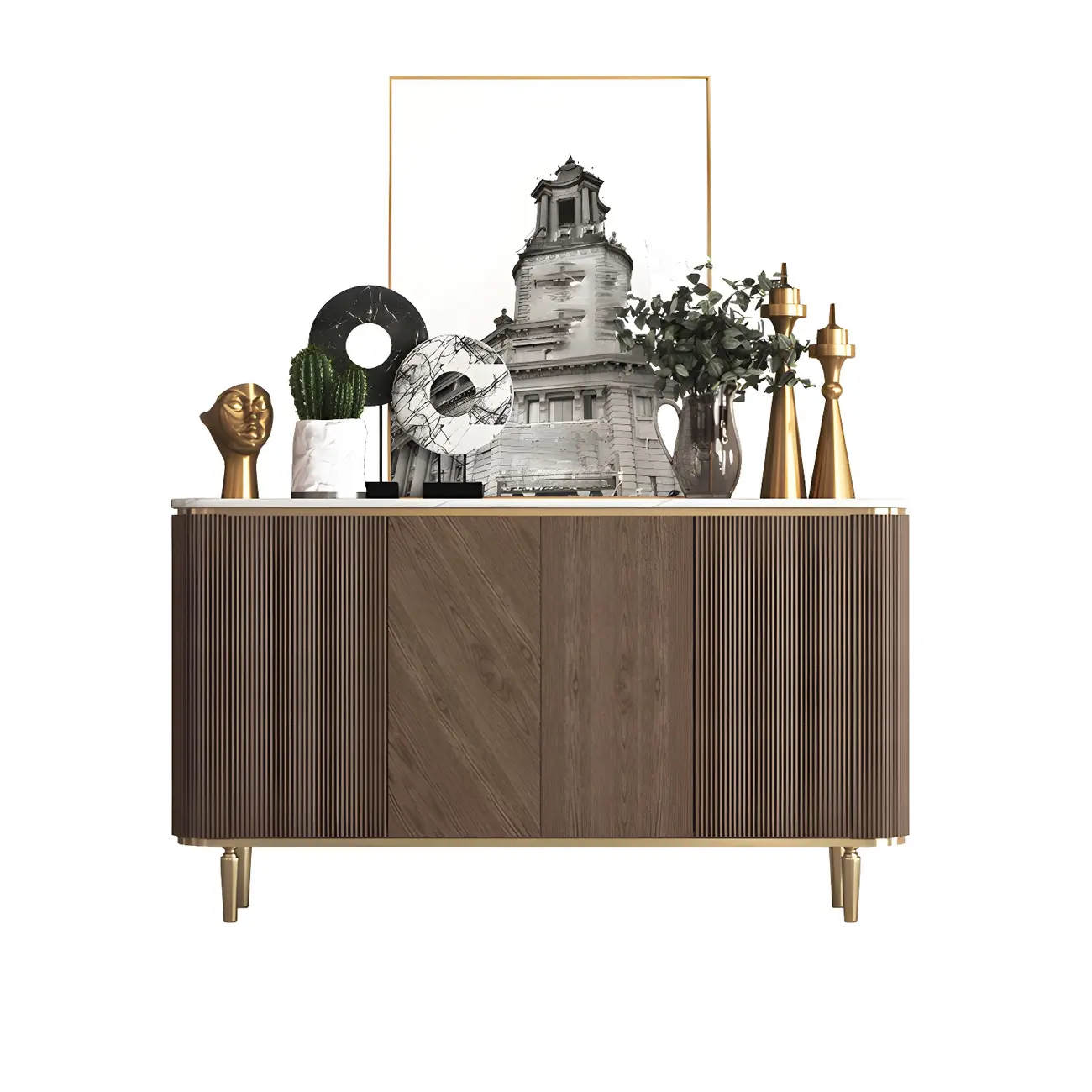 Glam Brown Wooden Sideboard with Marble Top