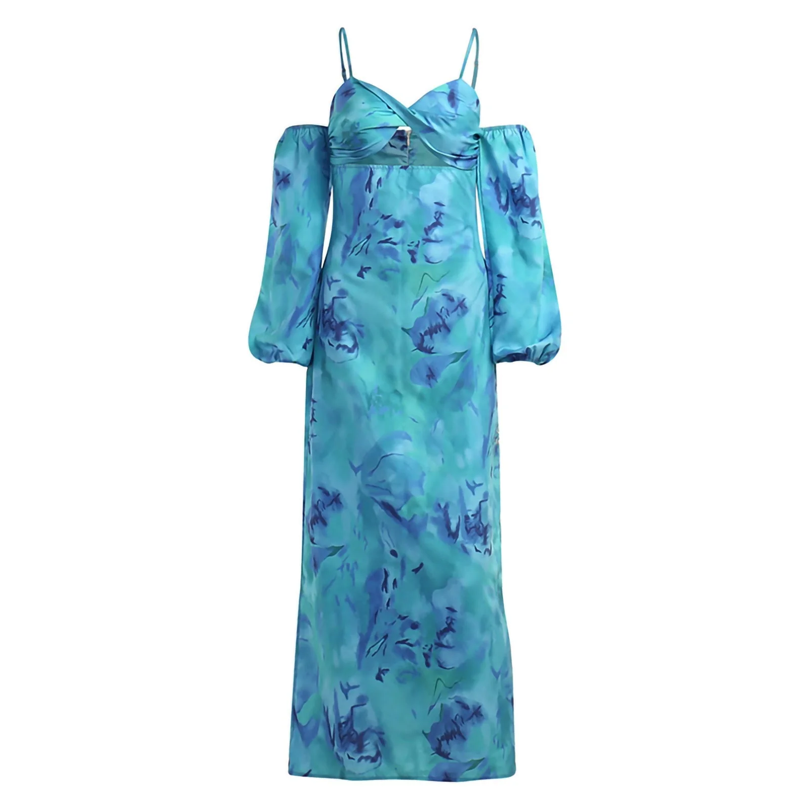 Hulianfu Women s Cold Shoulder Midi Dress Spaghetti Strap Long Sleeve Floral Print Beach Dress Y2k Low-cut Hollowed Out Long Slim Dress - Deanwangkt