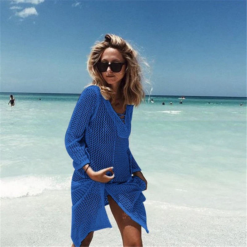 Sexy Beach Wear Cover Up Sleeveless Hollow Dress Crochet Knitted Woman Swimwear Bikini Cover Up Hand Made Beach Dresses - Deanwangkt