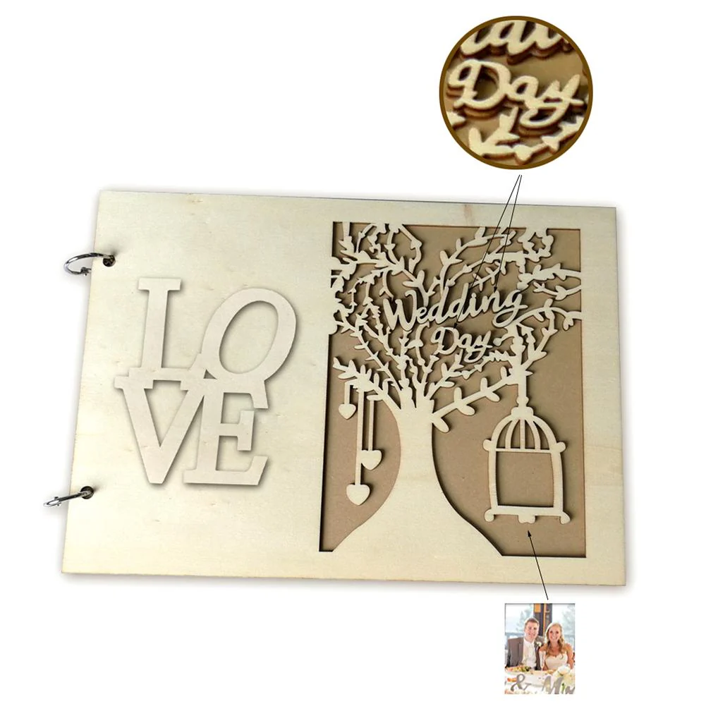 HULIANFU Wedding Guest Book Wooden Heart Hollow Engagement Guestbook Name Sign Board 20 Inside Pages Log Color Good-Looking Appearance - Deanwangkt