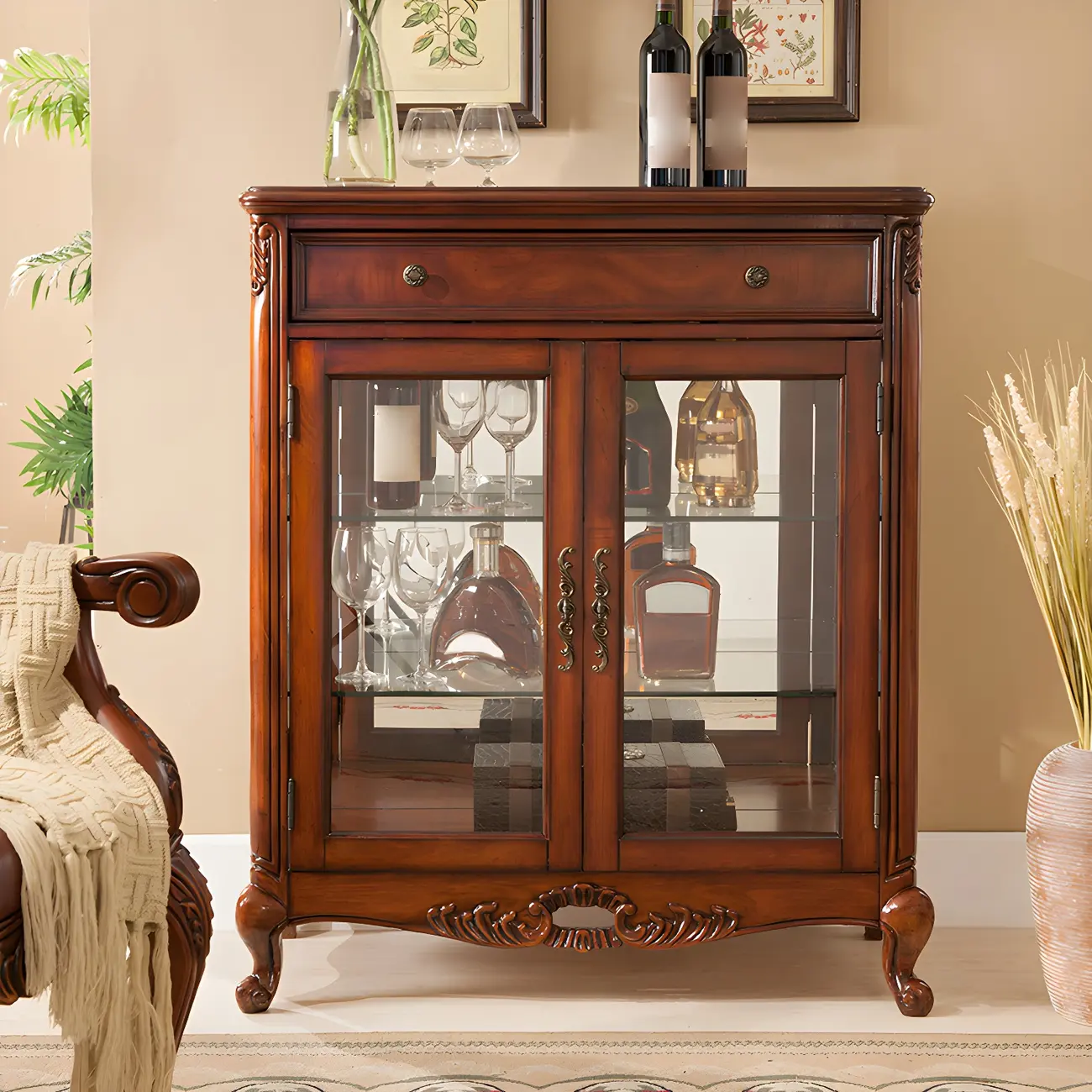 Traditional Wood Brown Glass Shelf Display Cabinet