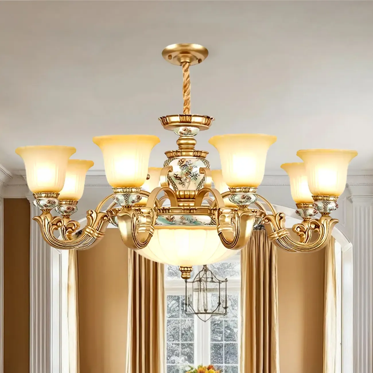 Antique Gold Ceramic Chandelier with Frosted Glass Bell Shape